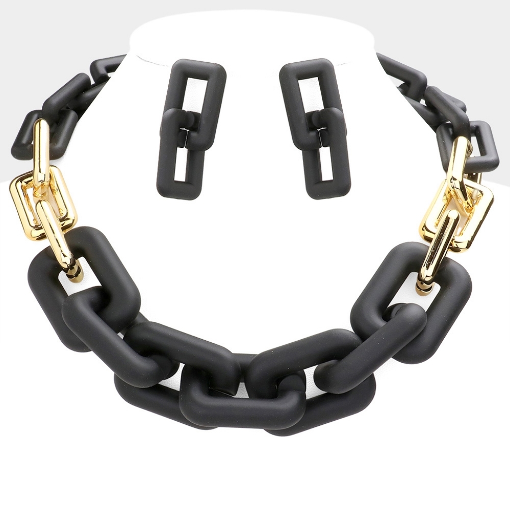 Black Gold Chunky Big Link Necklace Chain Cute Jewelry Set Open Rectangle Bold